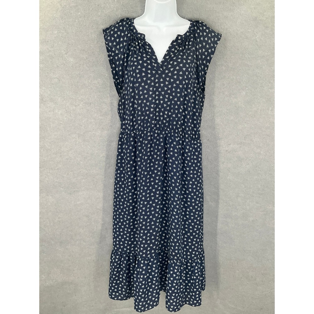 J Crew Mercantile Navy White Whimsical V-Neck Midi Dress Women's Sz M Career